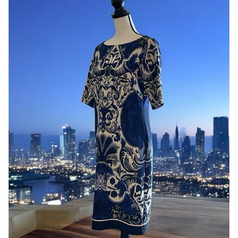 J Taylor Womens Paisley Sheath Dress Size 10 Blue White Print Zipper - Picture 2 of 16